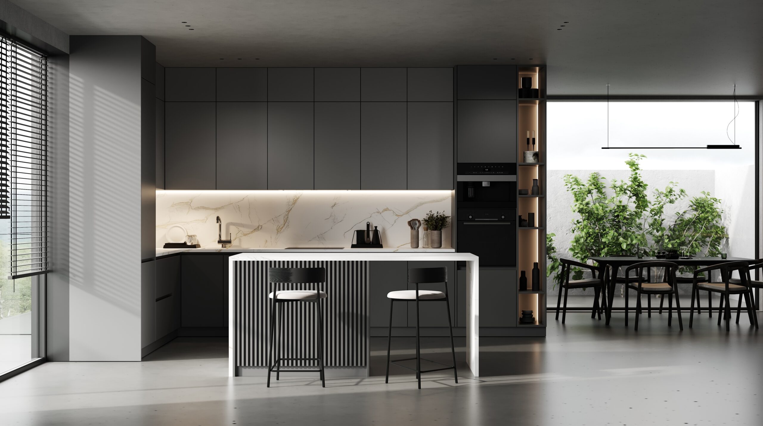 Modern kitchen with matte gray cabinets, a marble backsplash, and a white island with two black-and-white stools. Large windows and an adjacent dining area with greenery provide natural light.