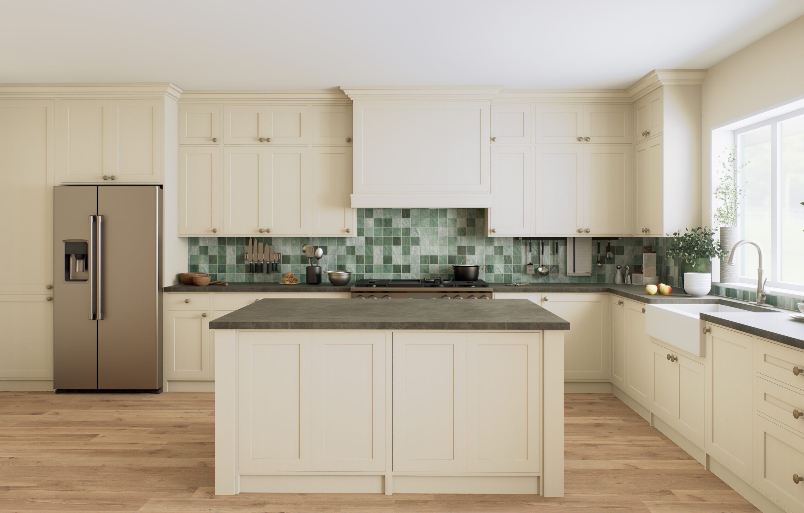 A modern kitchen with cream cabinets, a central island, a stainless steel refrigerator, green tiled backsplash, wooden floor, farmhouse sink, and large window letting in natural light.