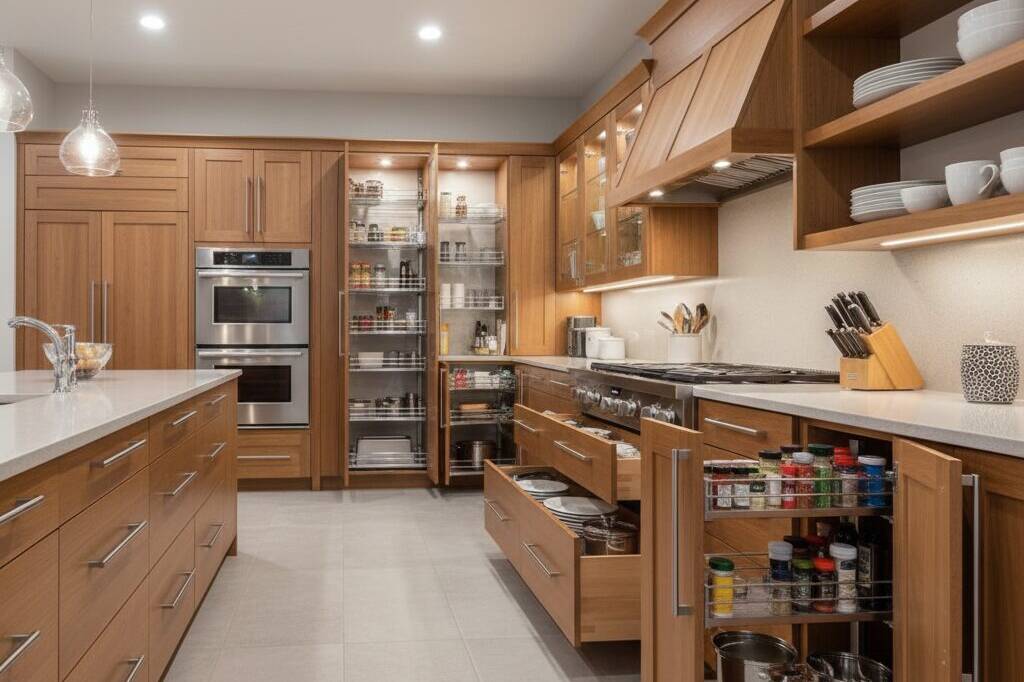 Modern kitchen with wooden cabinets and drawers open, revealing organized shelves of spices, cookware, and dishes. Built-in appliances, pendant lights, and white countertops create a clean and tidy atmosphere.