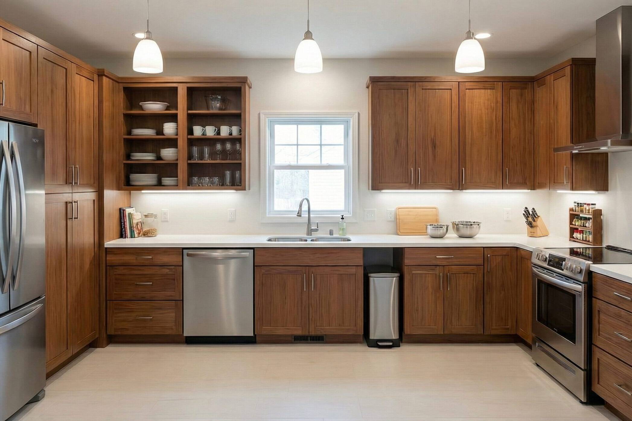 Modern kitchen with wooden cabinets, stainless steel appliances, white countertops, a central window above the sink, pendant lights, and various kitchen items neatly arranged on shelves and counters.