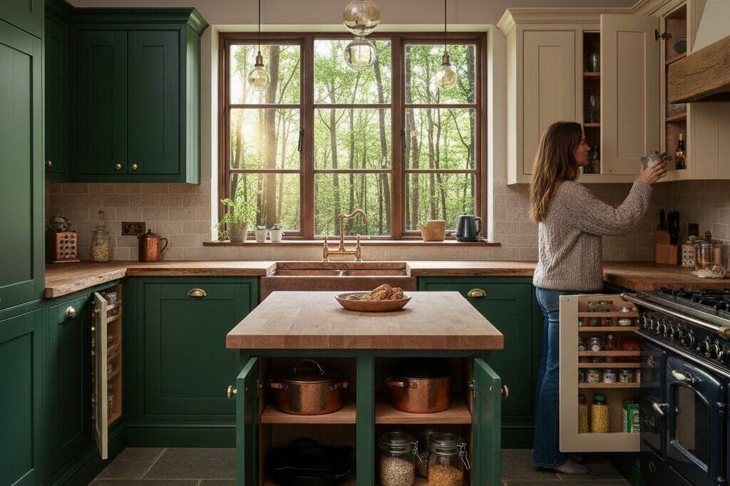 A woman reaches into a cabinet in a cozy kitchen with green lower cabinets, cream upper cabinets, a wooden island, and large window overlooking trees. The kitchen is organized with jars and copper cookware displayed.