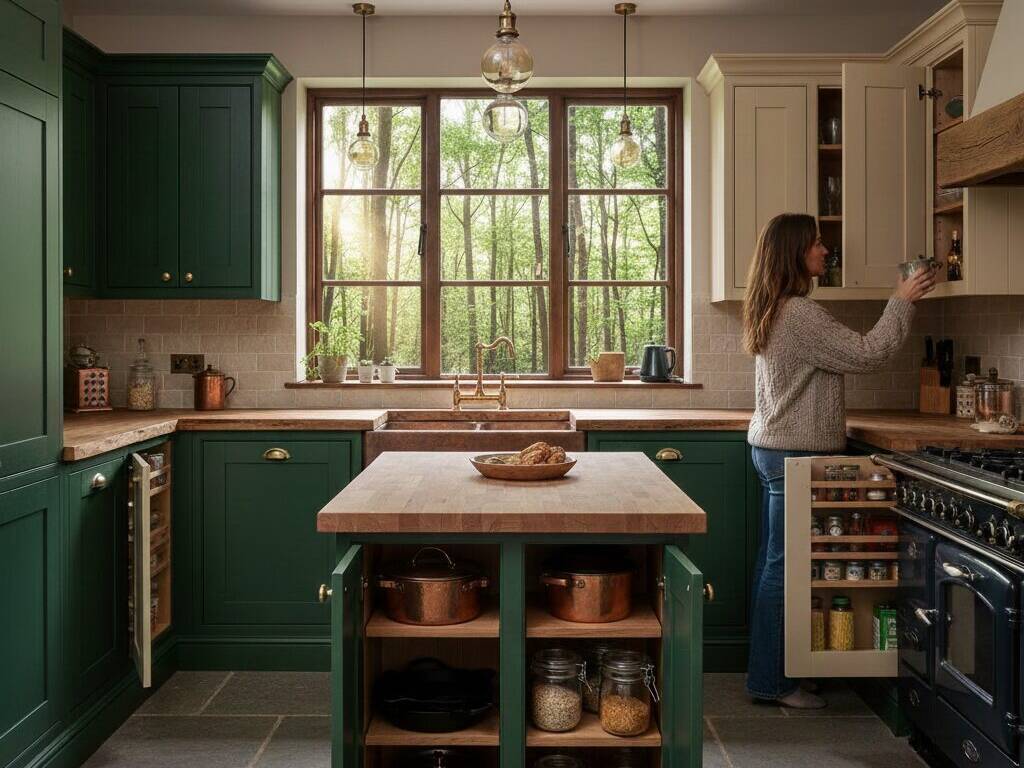 A woman reaches into a cabinet in a cozy kitchen with green lower cabinets, cream upper cabinets, a wooden island, and large window overlooking trees. The kitchen is organized with jars and copper cookware displayed.