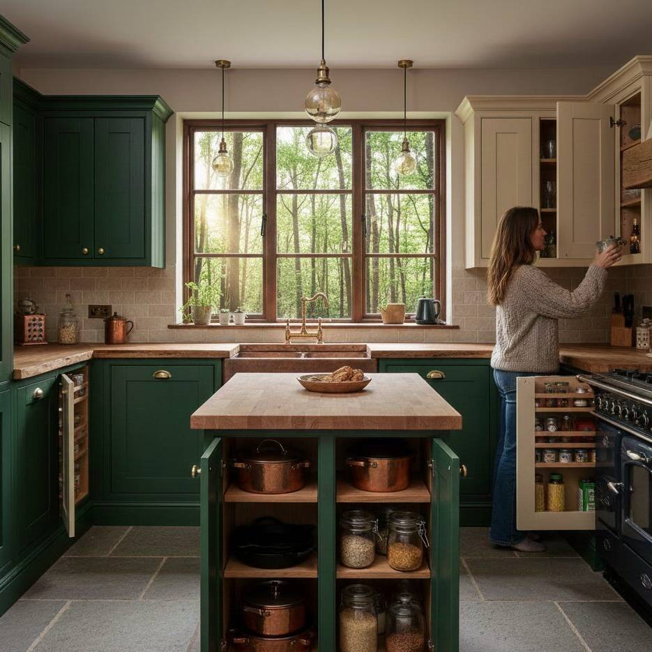 A woman reaches into a cabinet in a cozy kitchen with green lower cabinets, cream upper cabinets, a wooden island, and large window overlooking trees. The kitchen is organized with jars and copper cookware displayed.