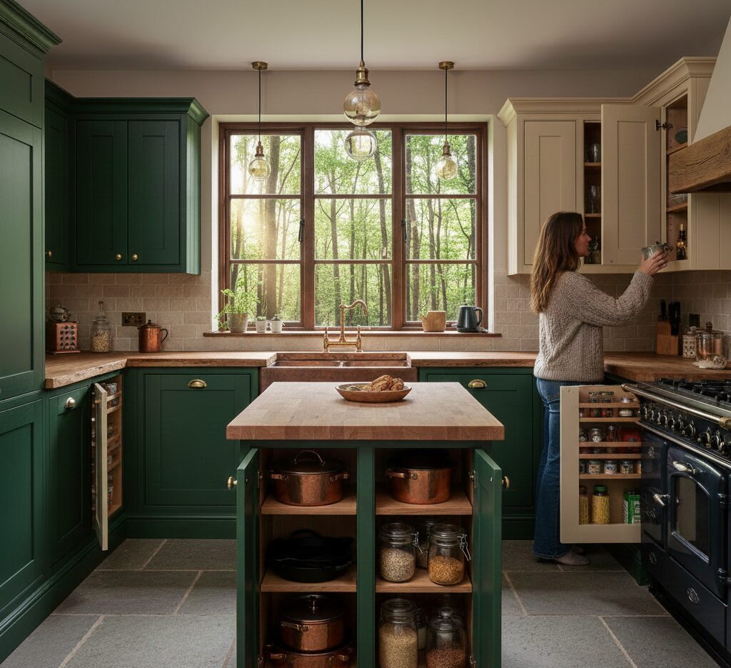 A woman reaches into a cabinet in a cozy kitchen with green lower cabinets, cream upper cabinets, a wooden island, and large window overlooking trees. The kitchen is organized with jars and copper cookware displayed.