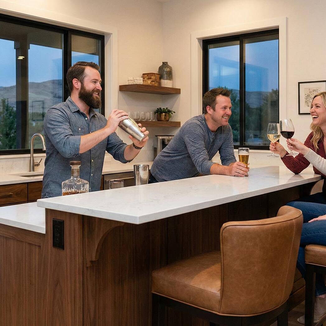 Four people are gathered in a modern kitchen. A man is shaking a cocktail shaker behind the counter while the others, holding drinks, smile and chat. Large windows show a scenic outdoor view.