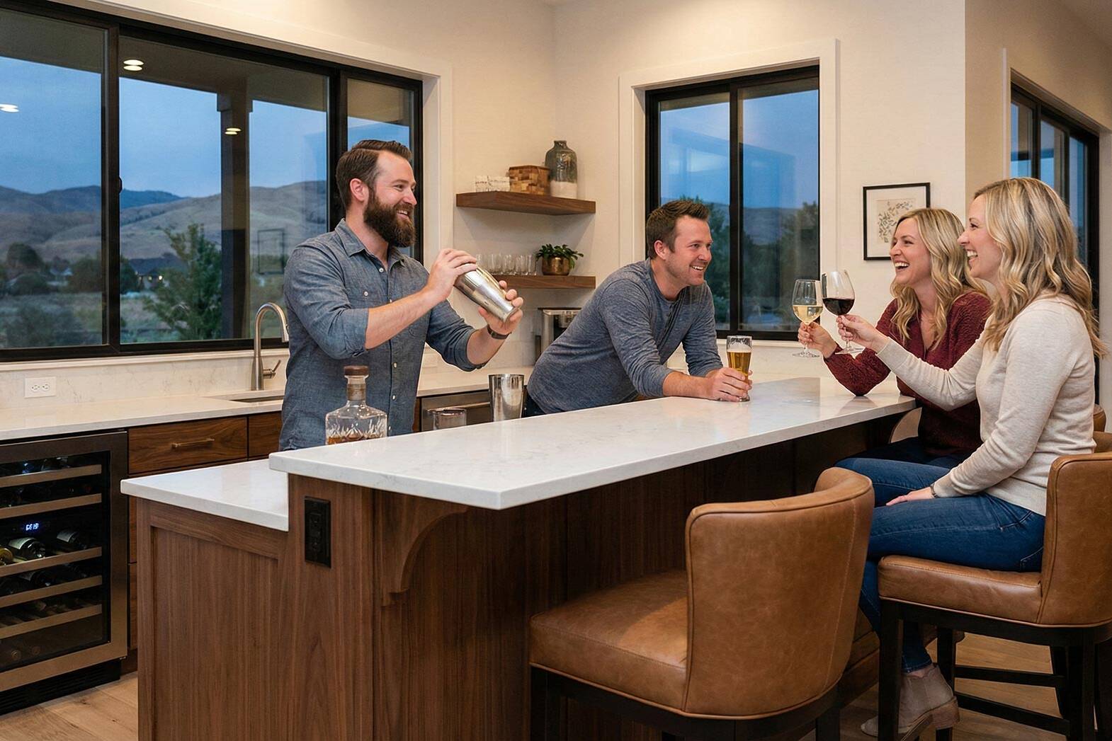 Four people are gathered in a modern kitchen. A man is shaking a cocktail shaker behind the counter while the others, holding drinks, smile and chat. Large windows show a scenic outdoor view.