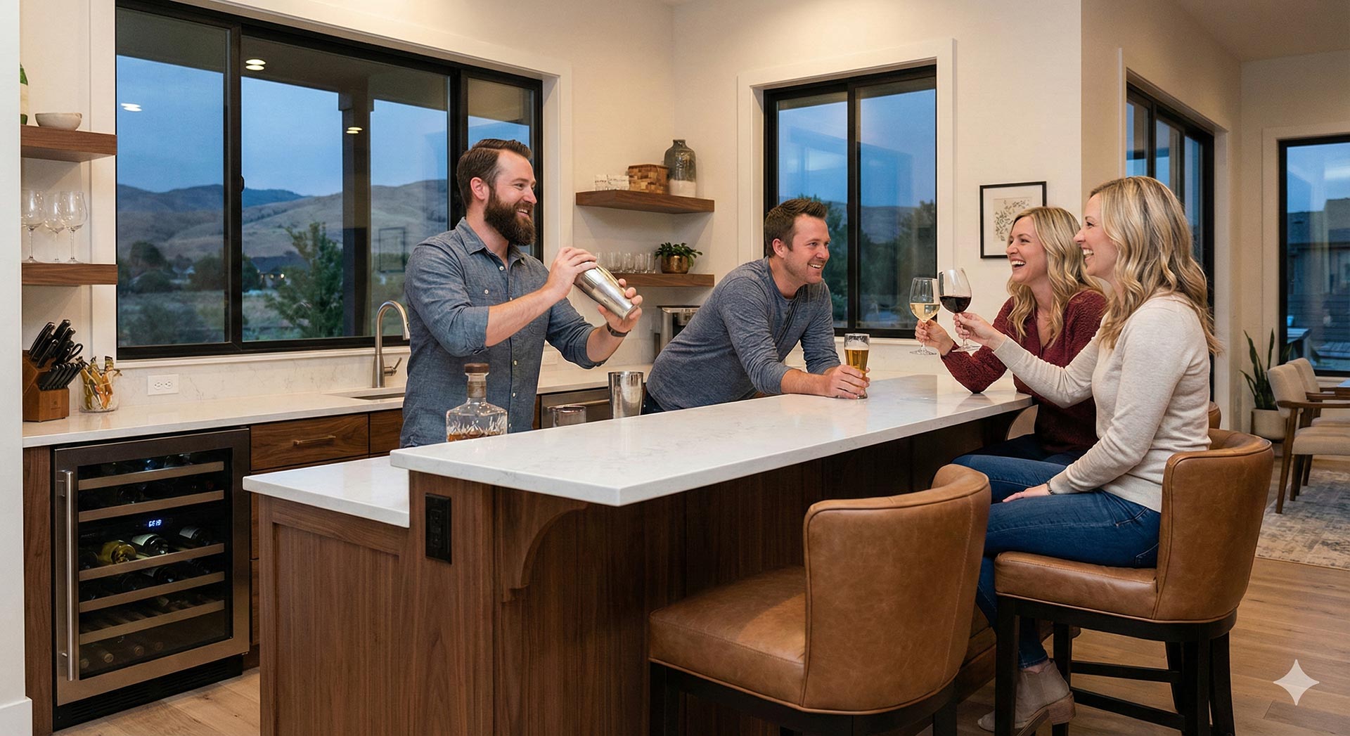 Four people are gathered in a modern kitchen. A man is shaking a cocktail shaker behind the counter while the others, holding drinks, smile and chat. Large windows show a scenic outdoor view.