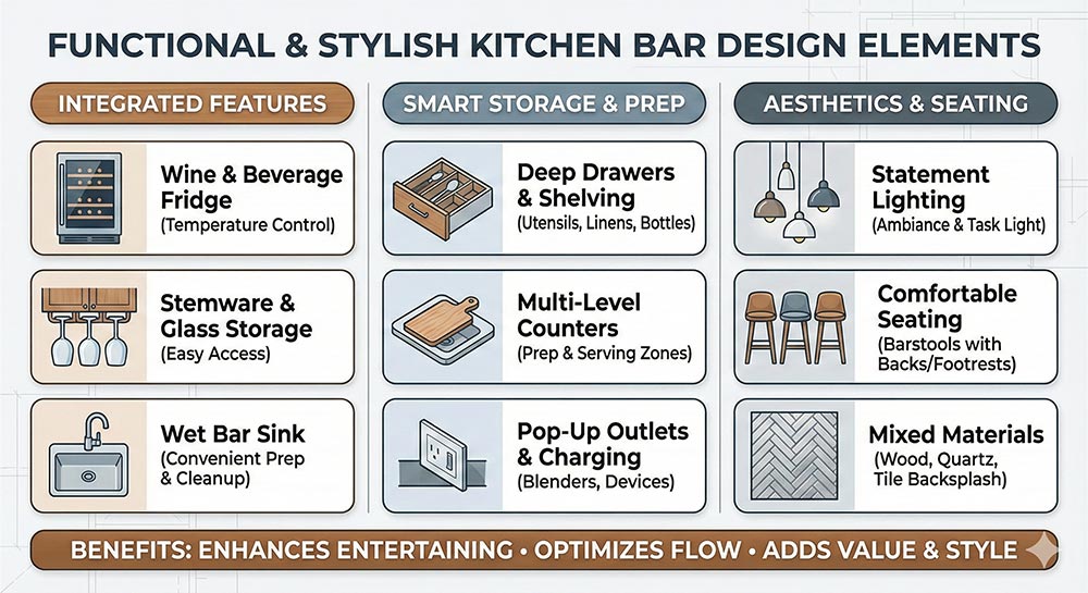 Infographic listing kitchen bar design elements: integrated fridge, glass storage, wet sink, deep drawers, multi-level counters, pop-up outlets, statement lighting, comfortable seating, and mixed materials, plus their benefits.