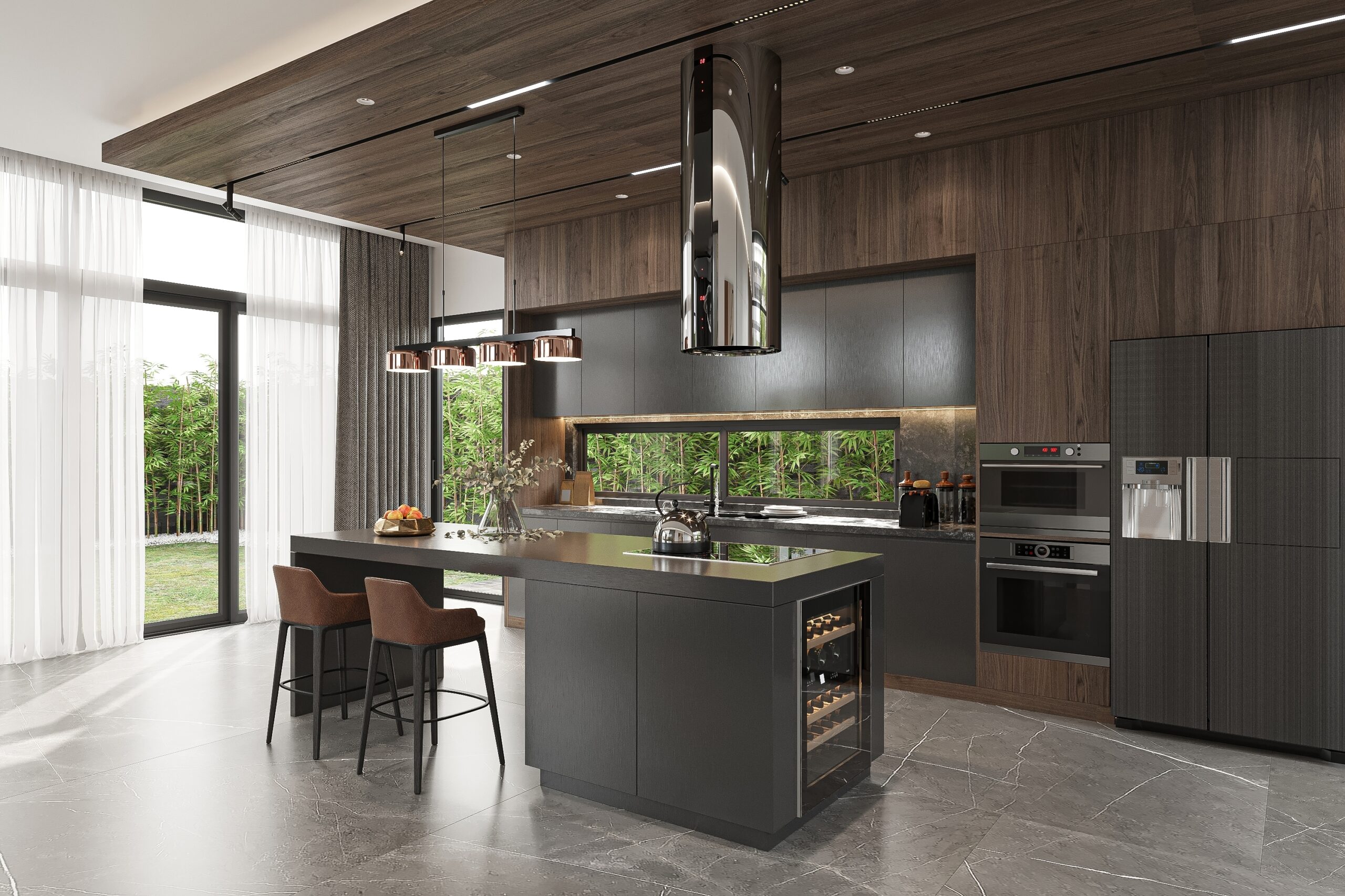 Modern kitchen with dark wood cabinets, a central island with barstools, built-in appliances, large windows with sheer curtains, and a view of greenery outside. Marble floors and pendant lights complete the sleek design.