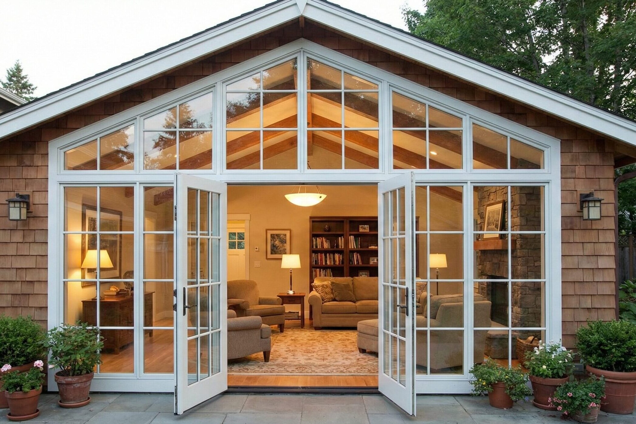 A cozy living room with wooden walls and ceiling beams, seen through large glass doors and windows. The room is warmly lit, with comfortable chairs, a sofa, bookshelves, and potted plants outside.