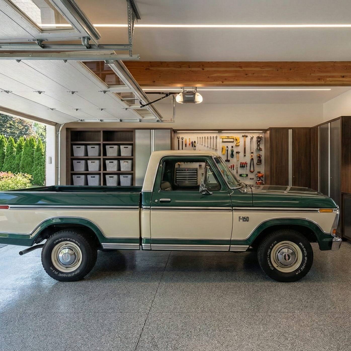 A green and white vintage Ford pickup truck is parked inside a clean, organized garage with cabinets, tool storage, a mounted bicycle, and a large window letting in natural light.