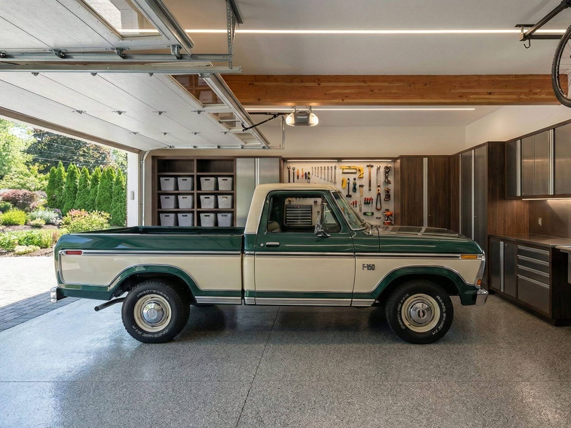 A green and white vintage Ford pickup truck is parked inside a clean, organized garage with cabinets, tool storage, a mounted bicycle, and a large window letting in natural light.