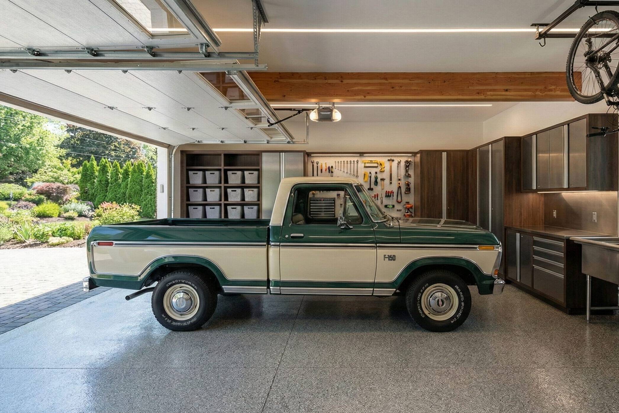A green and white vintage Ford pickup truck is parked inside a clean, organized garage with cabinets, tool storage, a mounted bicycle, and a large window letting in natural light.