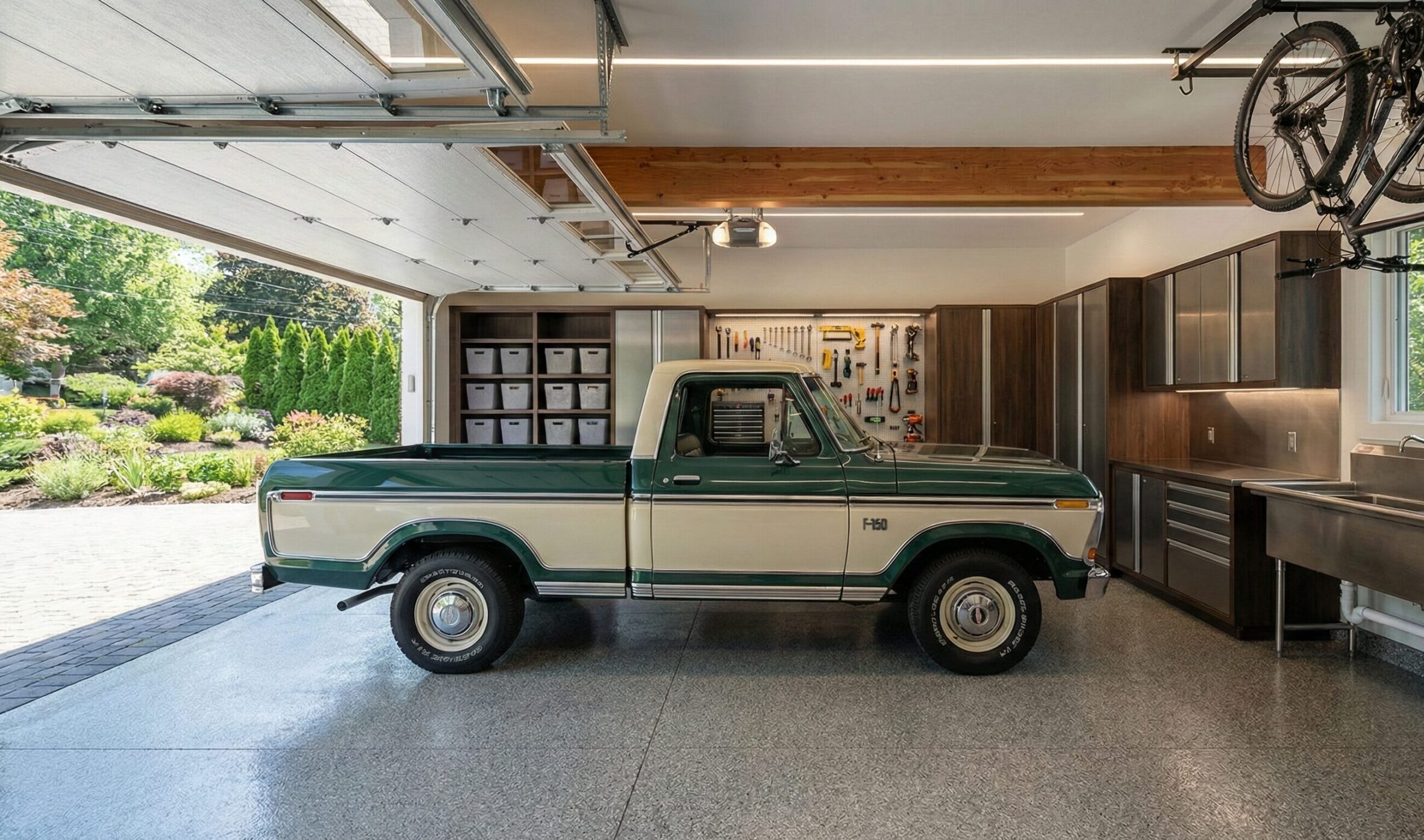 A green and white vintage Ford pickup truck is parked inside a clean, organized garage with cabinets, tool storage, a mounted bicycle, and a large window letting in natural light.