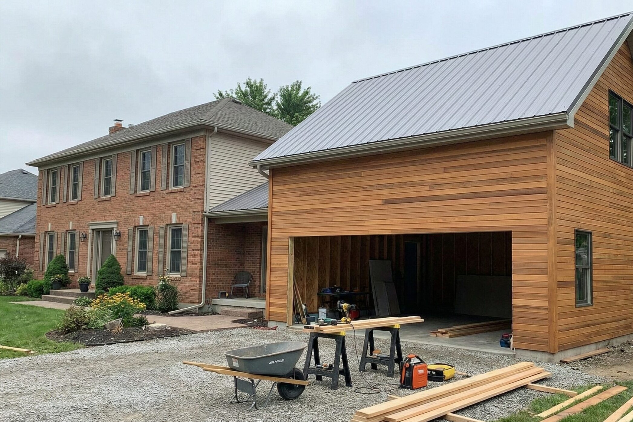 A newly built wooden garage with an open garage door stands next to a two-story brick house. Construction tools and materials are scattered in the driveway, and the yard has green grass and some trees.