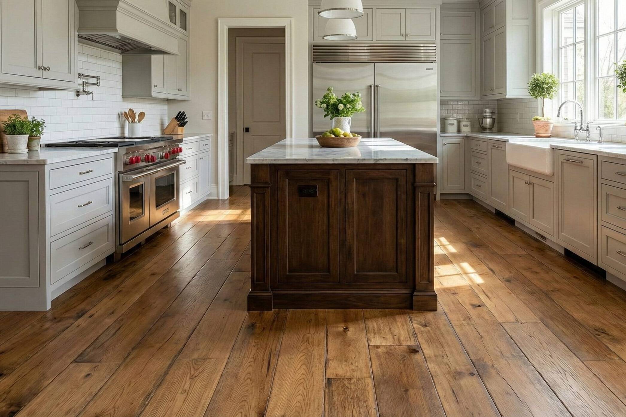 Bright, modern kitchen with light gray cabinets, stainless steel appliances, white subway tile backsplash, a large wooden island, potted plants, and wide plank hardwood floors. Sunlight streams in through a window.