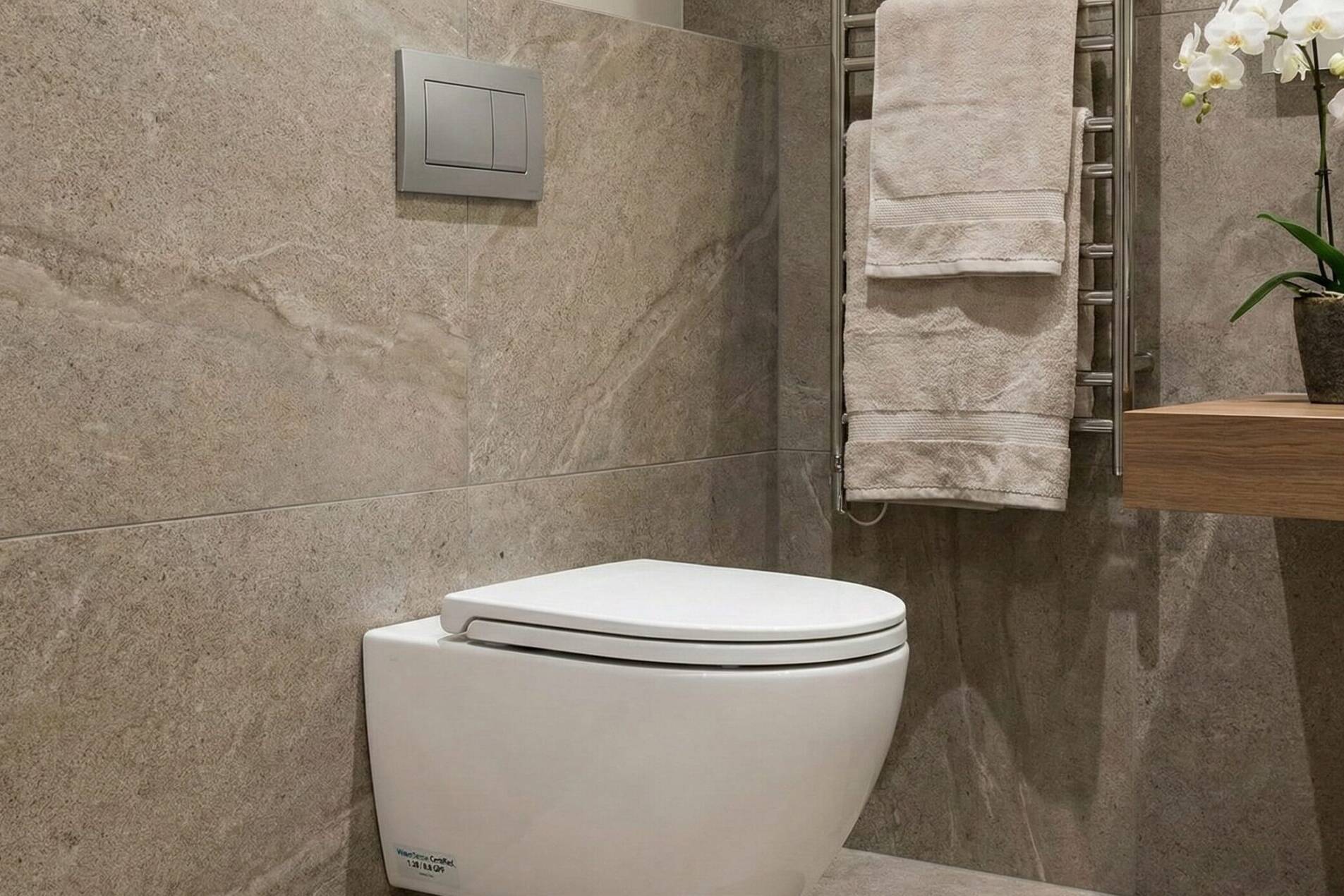 A modern bathroom with a wall-mounted toilet, beige stone tiles, a towel hanging on a heated rack, a potted orchid, and a wooden counter with a white basin sink.