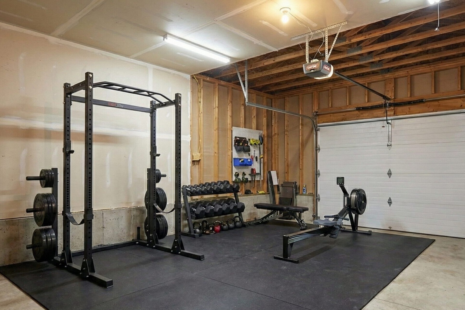 A home gym in a garage with rubber flooring, weight racks, free weights, a bench, rowing machine, squat rack with weights, and storage shelves; exposed ceiling beams and a closed garage door are visible.