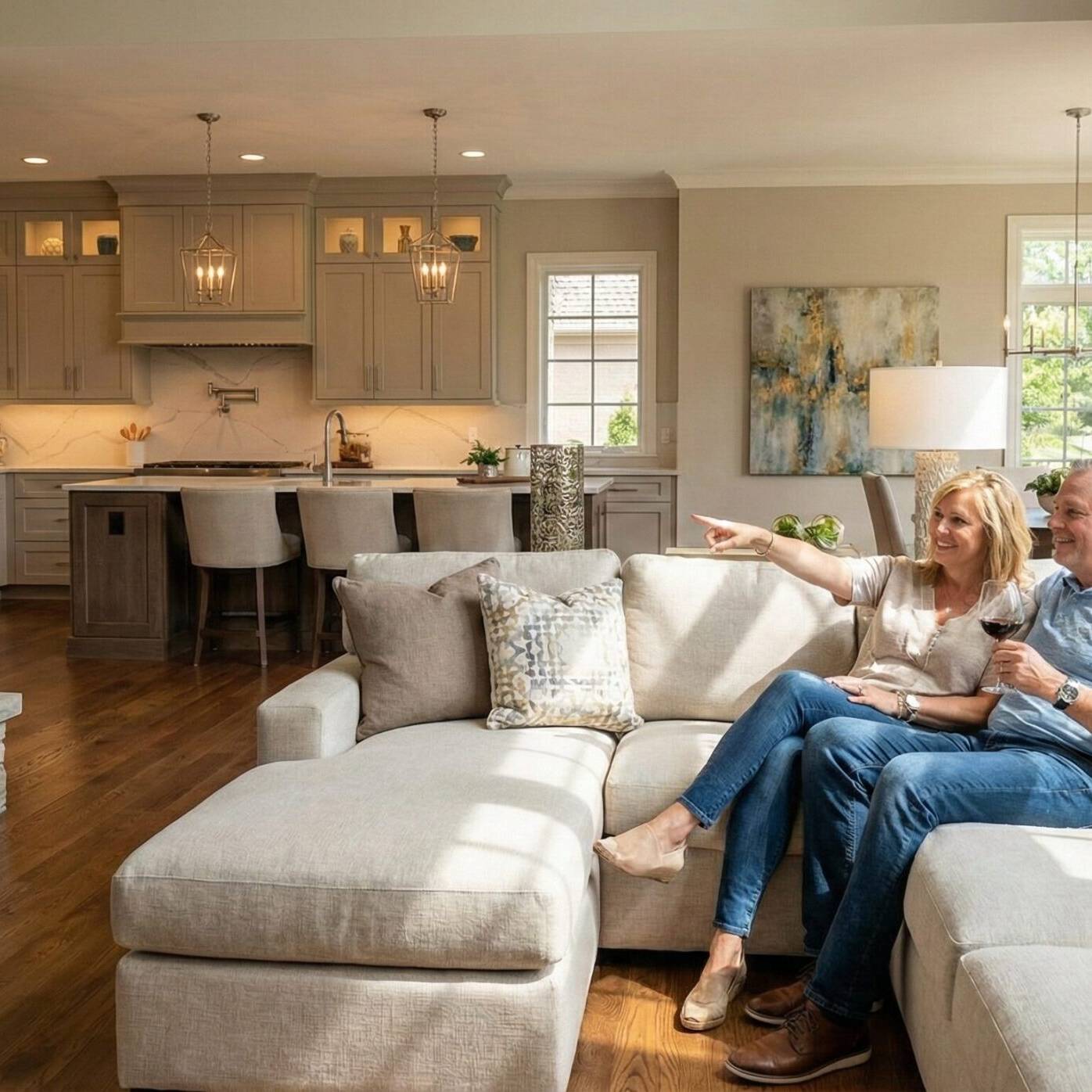 A smiling couple sits together on a beige sectional sofa in a bright, modern living room with a stone fireplace, wooden floors, and an open kitchen in the background. The woman is pointing toward something across the room.