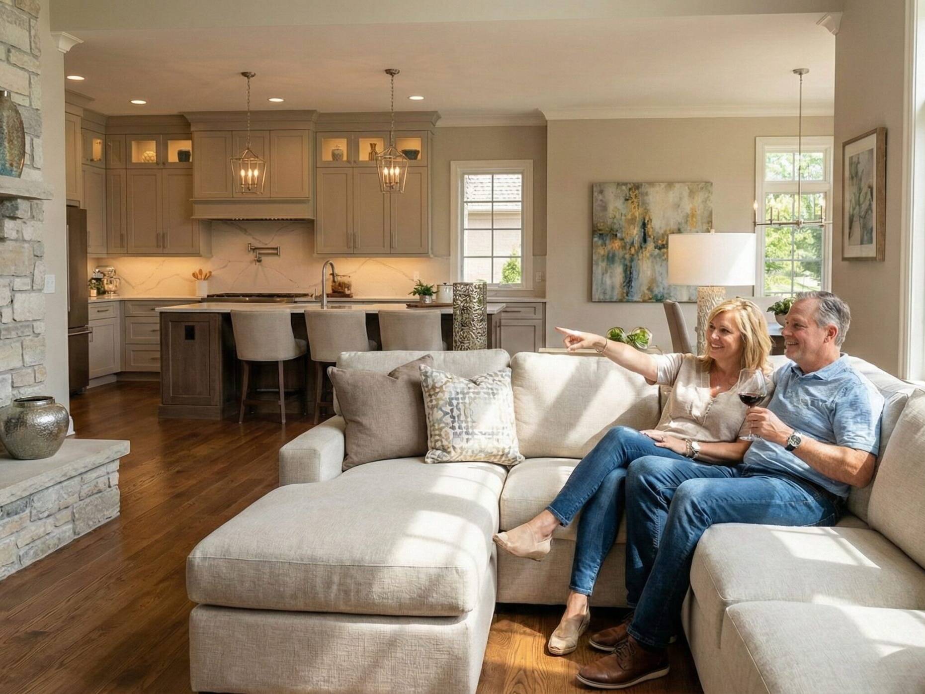 A smiling couple sits together on a beige sectional sofa in a bright, modern living room with a stone fireplace, wooden floors, and an open kitchen in the background. The woman is pointing toward something across the room.