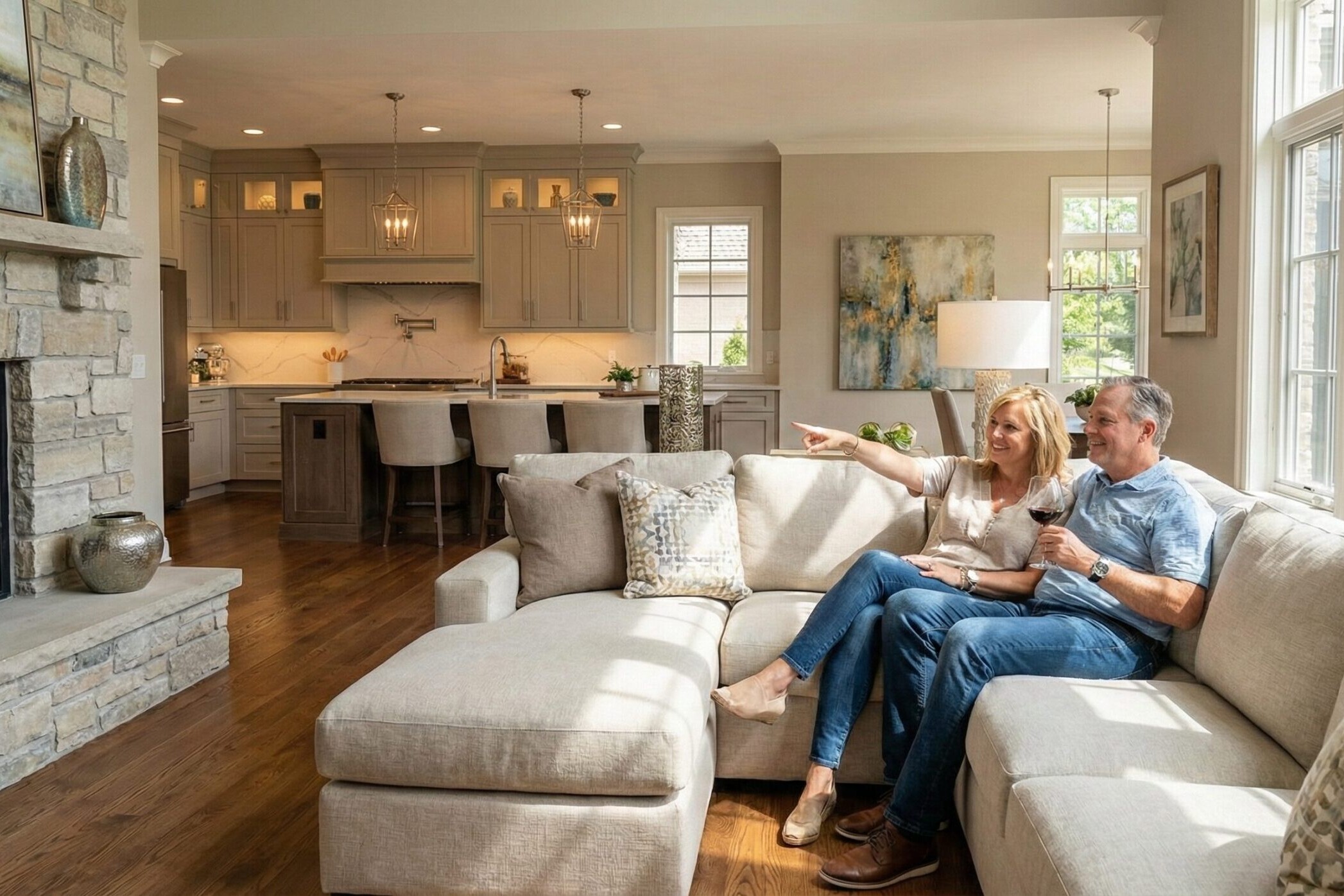 A smiling couple sits together on a beige sectional sofa in a bright, modern living room with a stone fireplace, wooden floors, and an open kitchen in the background. The woman is pointing toward something across the room.