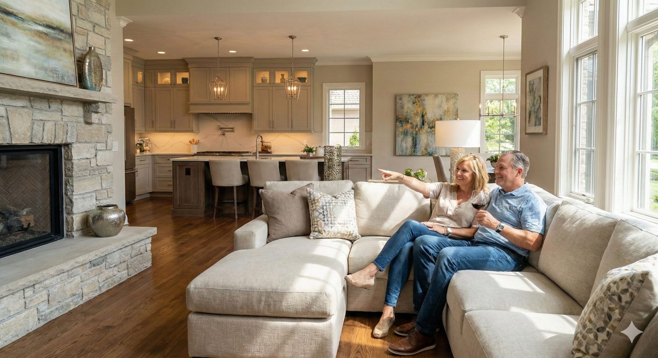 A smiling couple sits together on a beige sectional sofa in a bright, modern living room with a stone fireplace, wooden floors, and an open kitchen in the background. The woman is pointing toward something across the room.