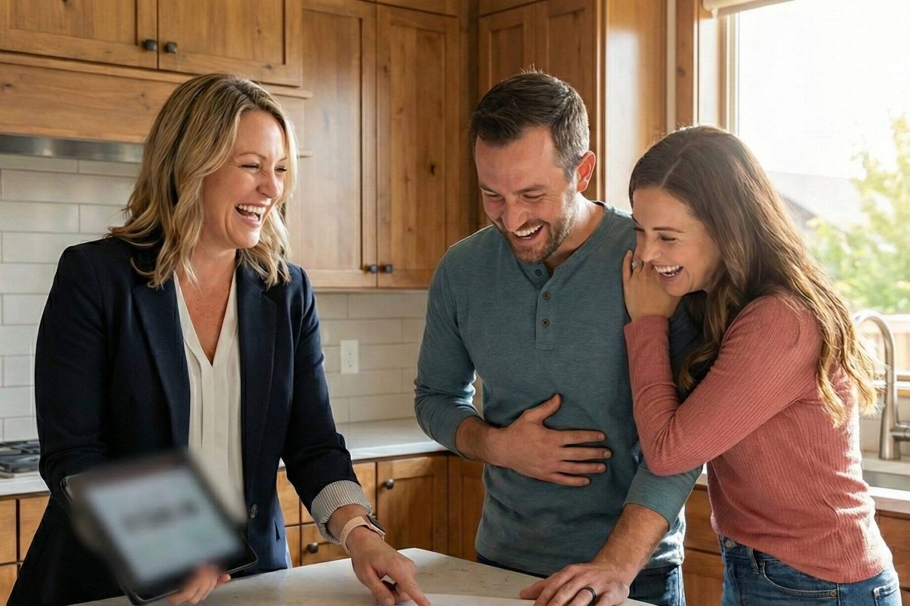 A smiling real estate agent shows paperwork to a happy couple in a bright kitchen with wooden cabinets, as they lean in and laugh together around the kitchen island.
