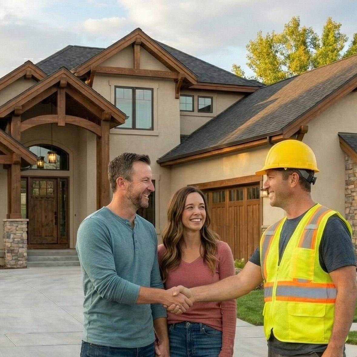 A man in a safety vest and hard hat shakes hands with a smiling man, while a woman stands beside them in front of a modern house, with trees and mountains in the background.
