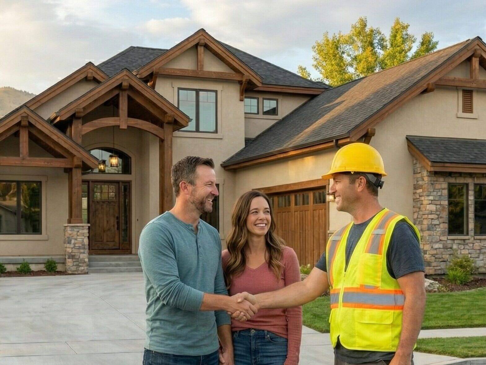 A man in a safety vest and hard hat shakes hands with a smiling man, while a woman stands beside them in front of a modern house, with trees and mountains in the background.