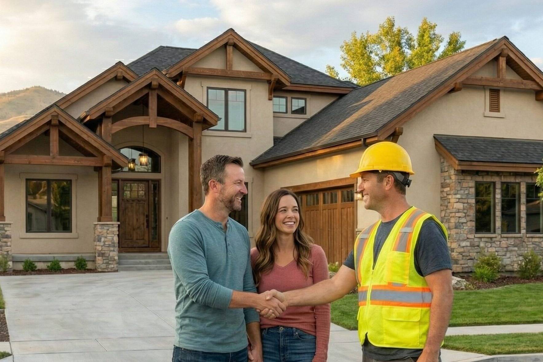 A man in a safety vest and hard hat shakes hands with a smiling man, while a woman stands beside them in front of a modern house, with trees and mountains in the background.