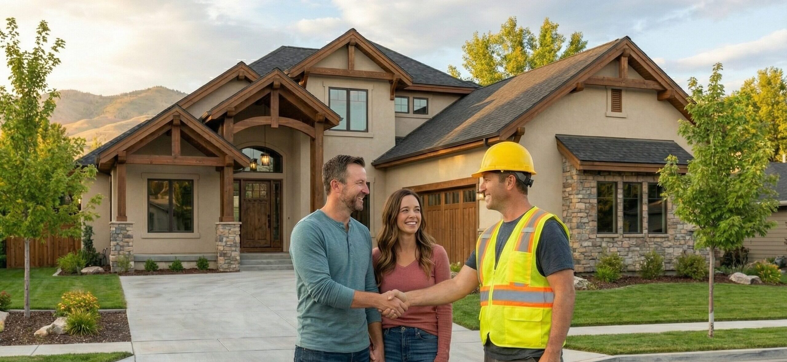 A man in a safety vest and hard hat shakes hands with a smiling man, while a woman stands beside them in front of a modern house, with trees and mountains in the background.