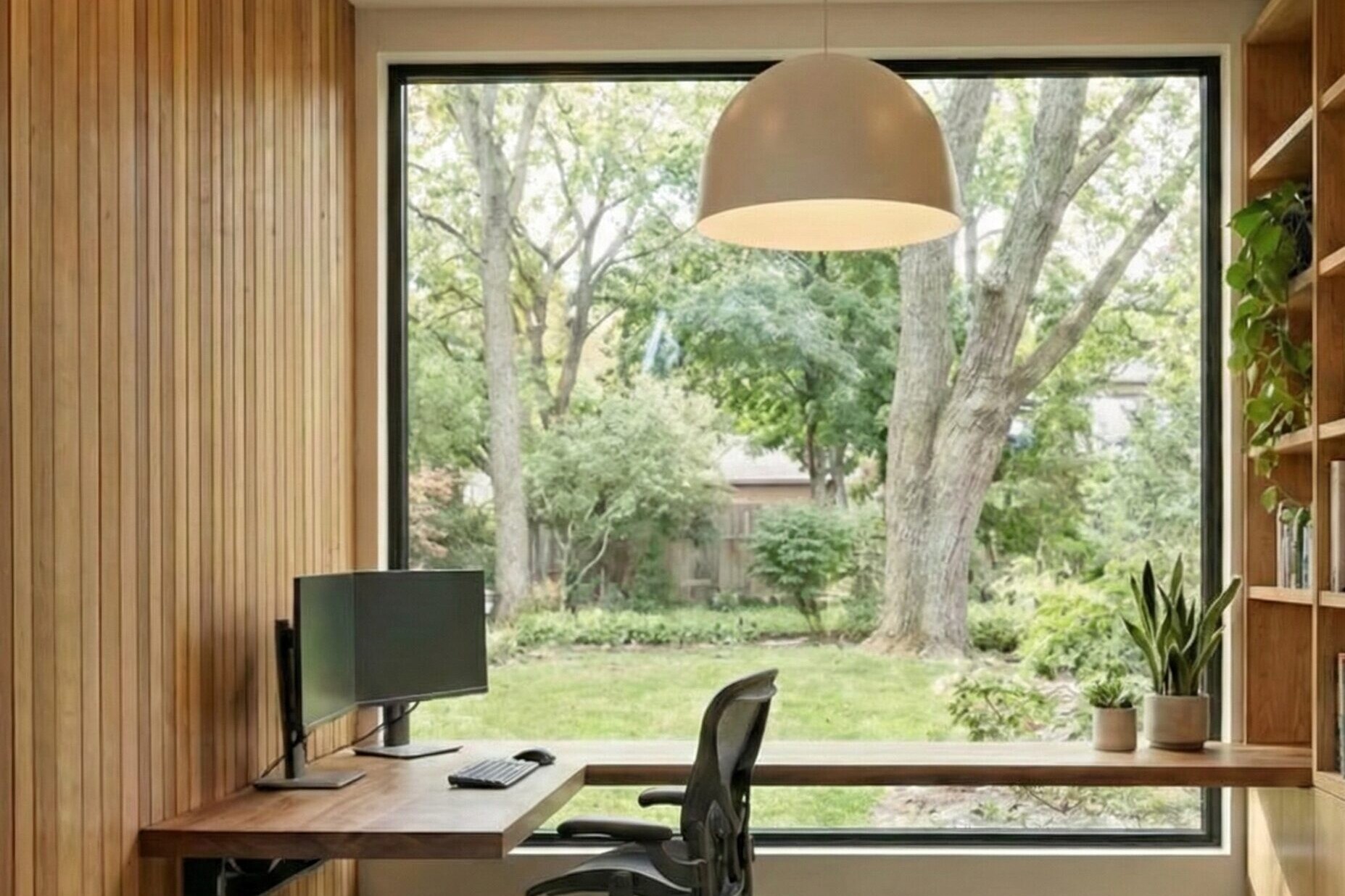 A modern home office with a wood-paneled wall, floating desk, ergonomic chair, computer setup, large window overlooking a green garden, shelves with books and plants, and a dome-shaped ceiling light.