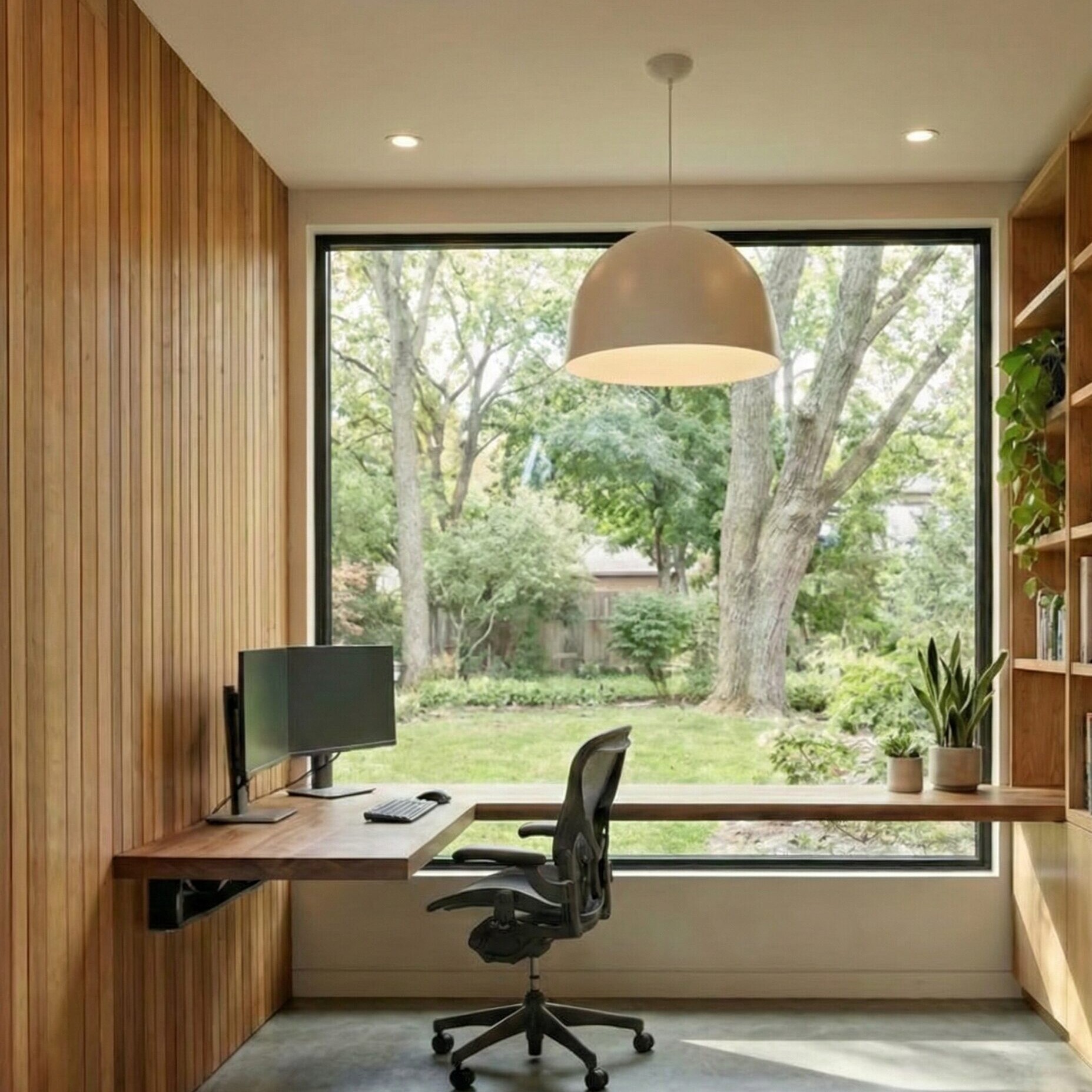 A modern home office with a wood-paneled wall, floating desk, ergonomic chair, computer setup, large window overlooking a green garden, shelves with books and plants, and a dome-shaped ceiling light.