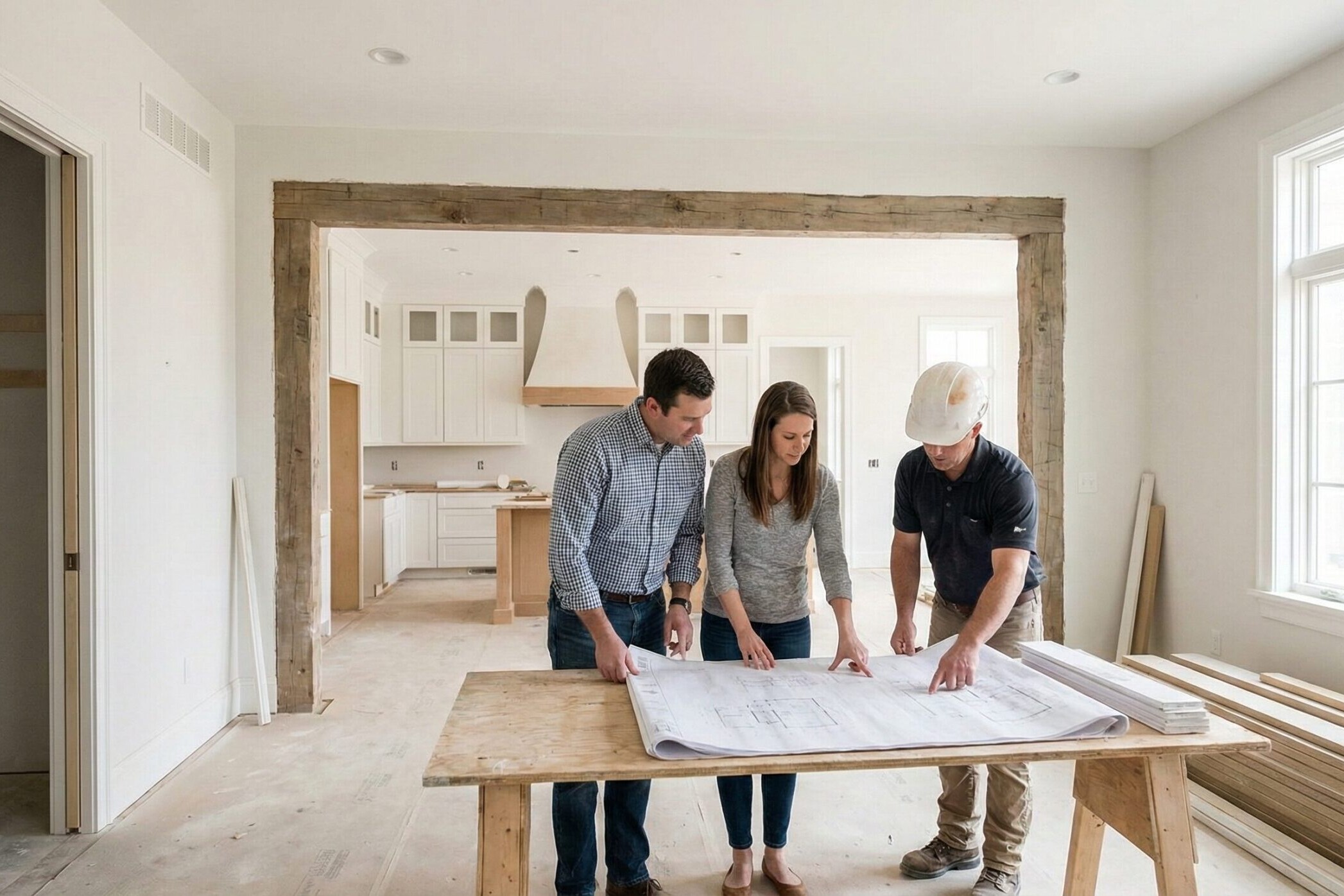 Three people stand in a bright, unfinished kitchen, looking at blueprints on a table. One person is wearing a white hard hat; the other two appear to be clients. Renovation materials are visible around the room.