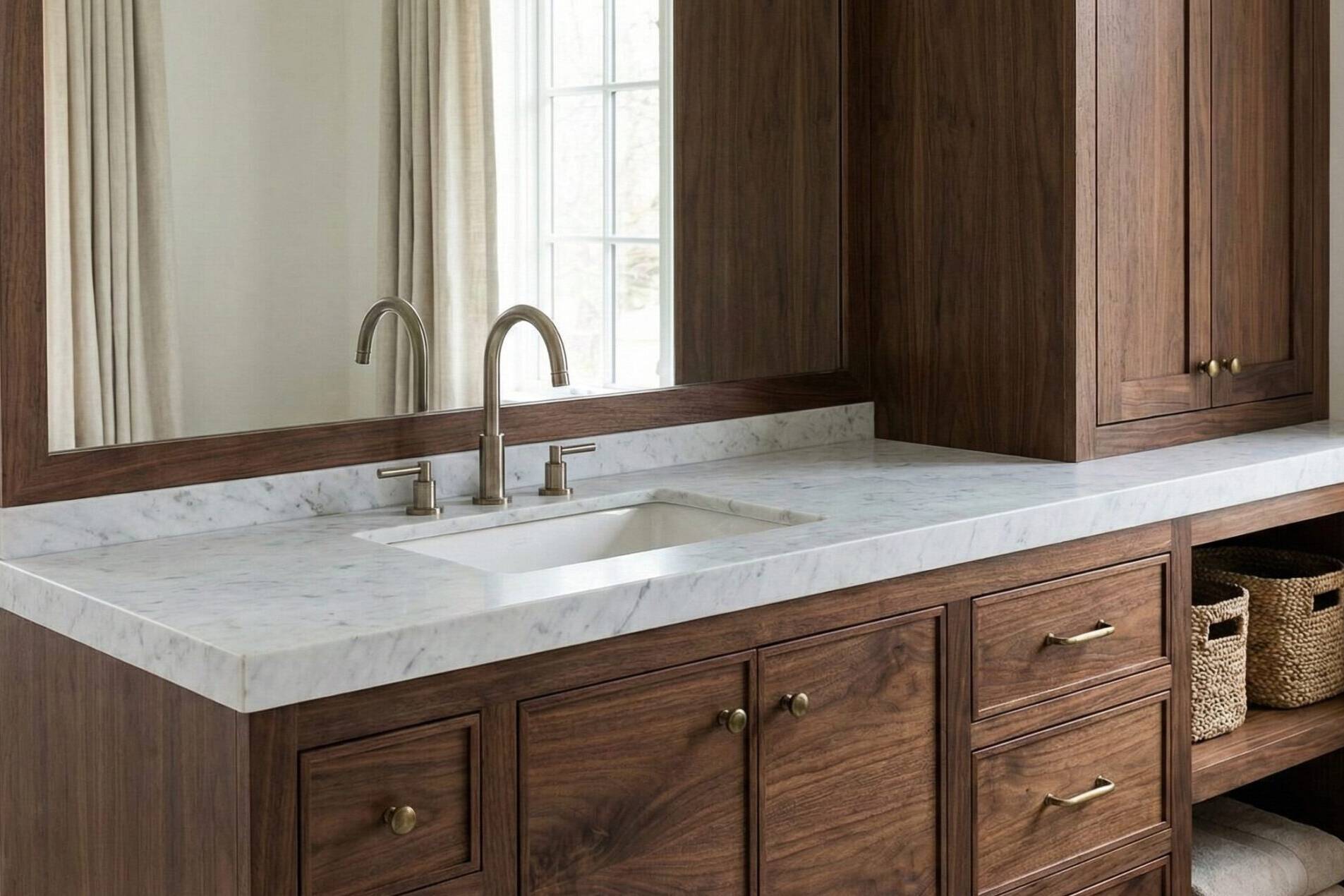 A bathroom vanity with rich wood cabinets, a white marble countertop, a built-in sink with a modern faucet, open shelves holding towels and baskets, and a large mirror reflecting natural light from windows.