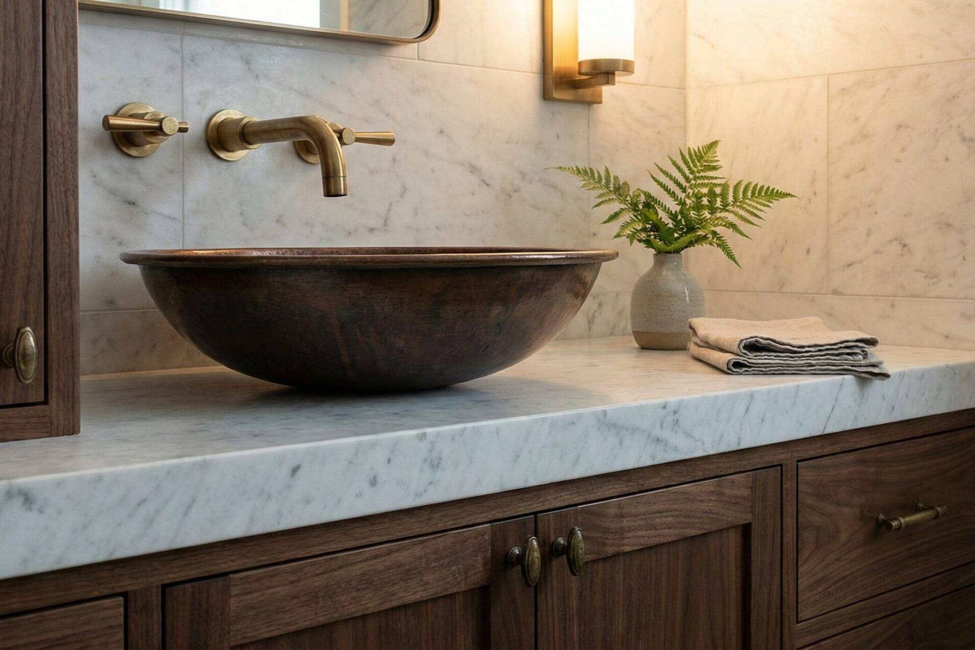 A bathroom vanity with a marble countertop, wooden cabinets, a round brown vessel sink, brass wall-mounted faucet, small potted fern, and two folded towels beside it. Marble-tiled walls in the background.