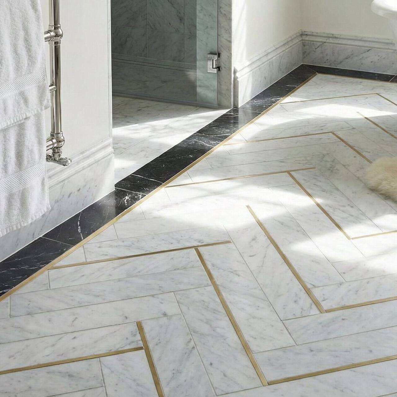 A bathroom with marble herringbone floor tiles accented by gold lines, a white towel on a chrome rack, a white bathtub, a glass shower, and a cream-colored fur rug. Black marble borders the floor.