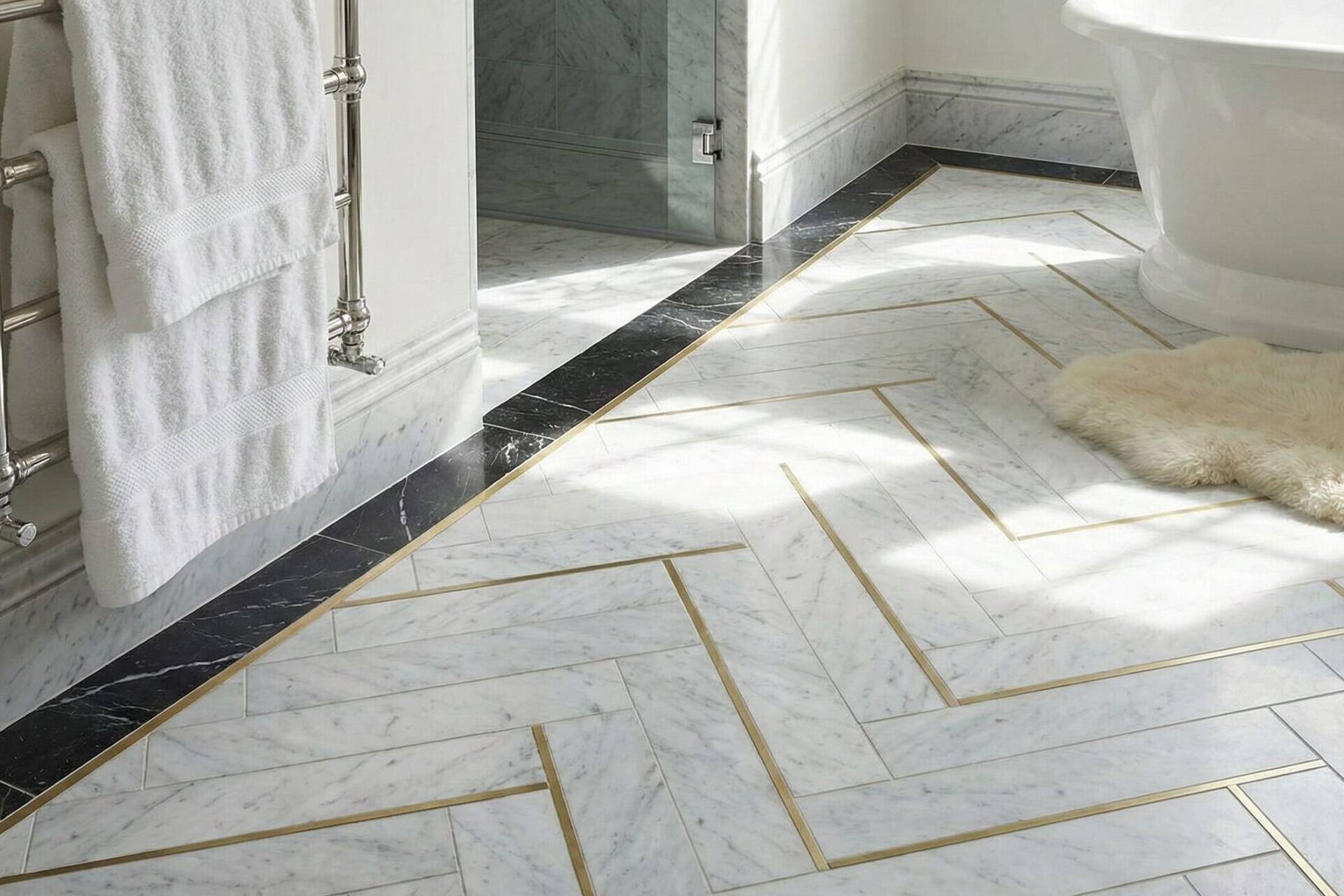 A bathroom with marble herringbone floor tiles accented by gold lines, a white towel on a chrome rack, a white bathtub, a glass shower, and a cream-colored fur rug. Black marble borders the floor.