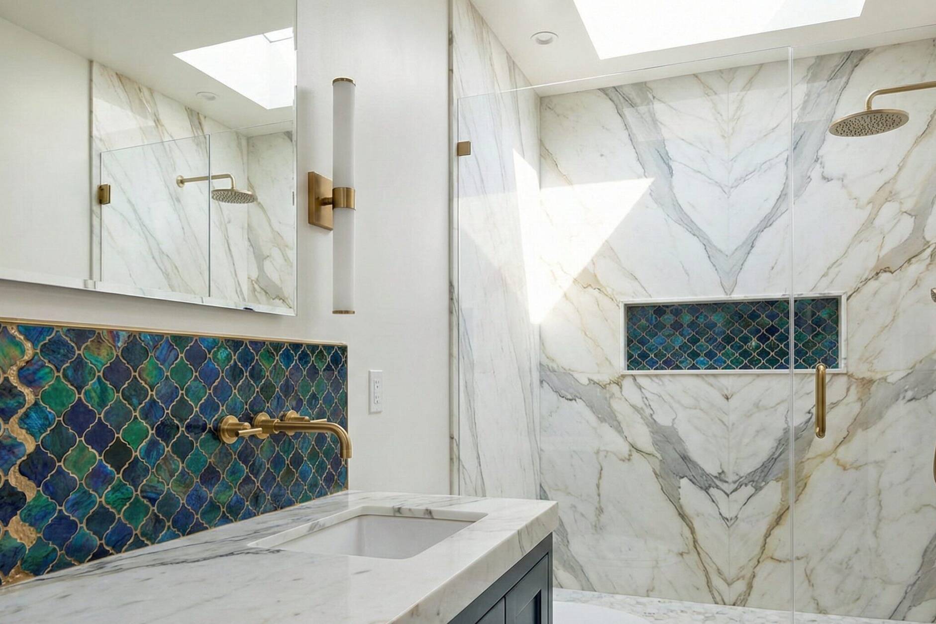 A modern bathroom with marble walls and countertops, brass fixtures, a glass shower enclosure, and blue-green mosaic tile accents above the sink and inside the shower niche. Natural light enters from a skylight.