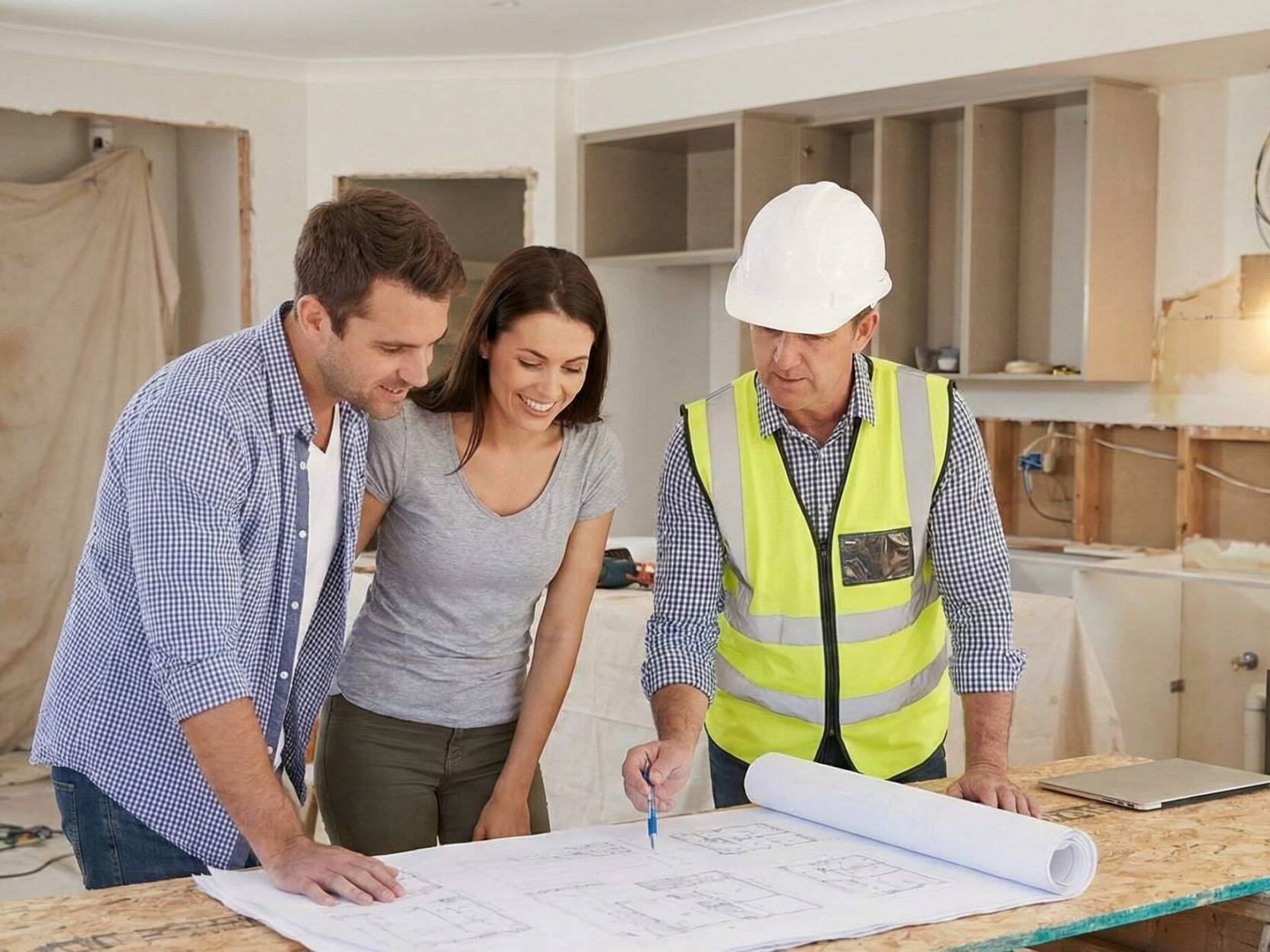A man and a woman look at house blueprints on a table with a construction worker in a hard hat and safety vest, inside a partially renovated kitchen.