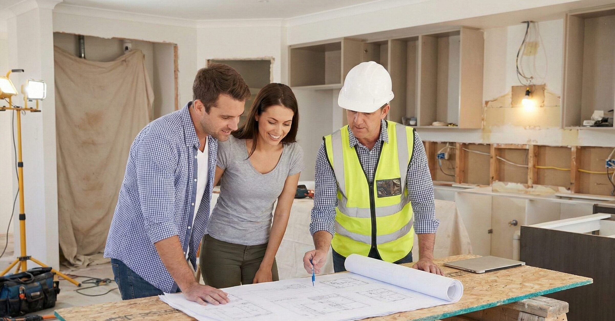 A man and a woman look at house blueprints on a table with a construction worker in a hard hat and safety vest, inside a partially renovated kitchen.