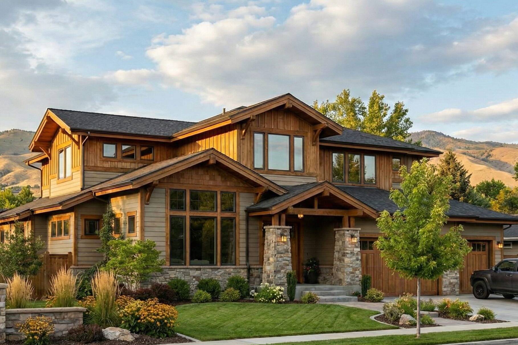 A modern two-story house with wood and stone exterior, large windows, landscaped yard, and a black SUV parked in the driveway. Trees and mountains are visible in the background under a partly cloudy sky.