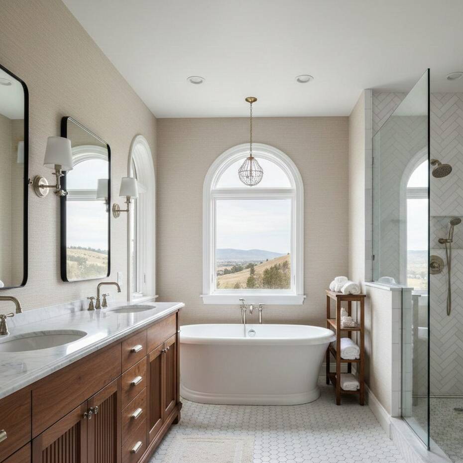 A bright, modern bathroom with double sinks, a wooden vanity, a freestanding bathtub under a large arched window, glass shower, and neutral tones. The window offers a scenic view of rolling hills outside.