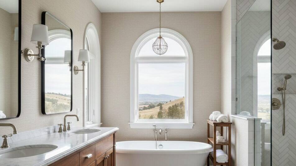 A bright, modern bathroom with double sinks, a wooden vanity, a freestanding bathtub under a large arched window, glass shower, and neutral tones. The window offers a scenic view of rolling hills outside.