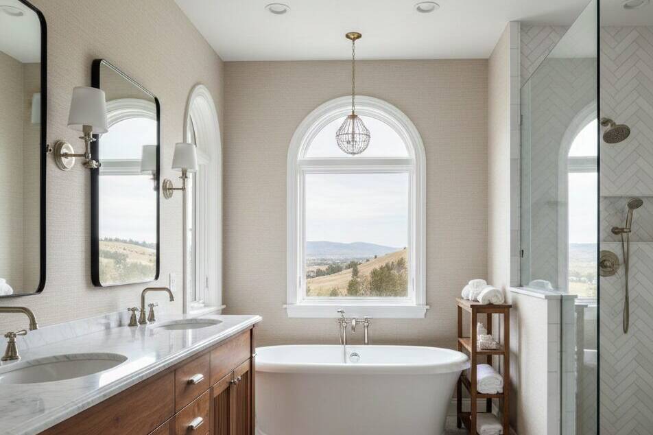 A bright, modern bathroom with double sinks, a wooden vanity, a freestanding bathtub under a large arched window, glass shower, and neutral tones. The window offers a scenic view of rolling hills outside.
