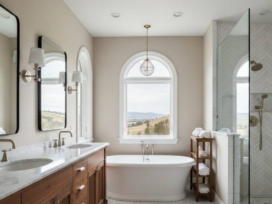 A bright, modern bathroom with double sinks, a wooden vanity, a freestanding bathtub under a large arched window, glass shower, and neutral tones. The window offers a scenic view of rolling hills outside.