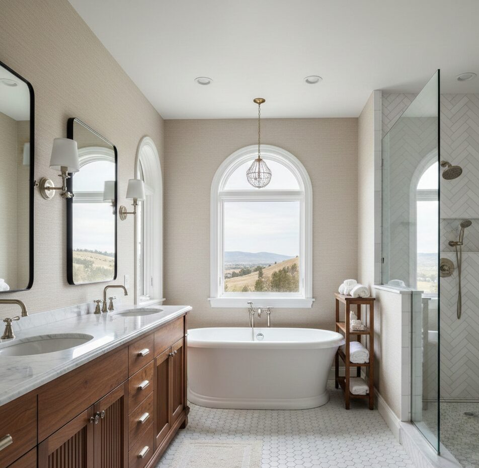 A bright, modern bathroom with double sinks, a wooden vanity, a freestanding bathtub under a large arched window, glass shower, and neutral tones. The window offers a scenic view of rolling hills outside.