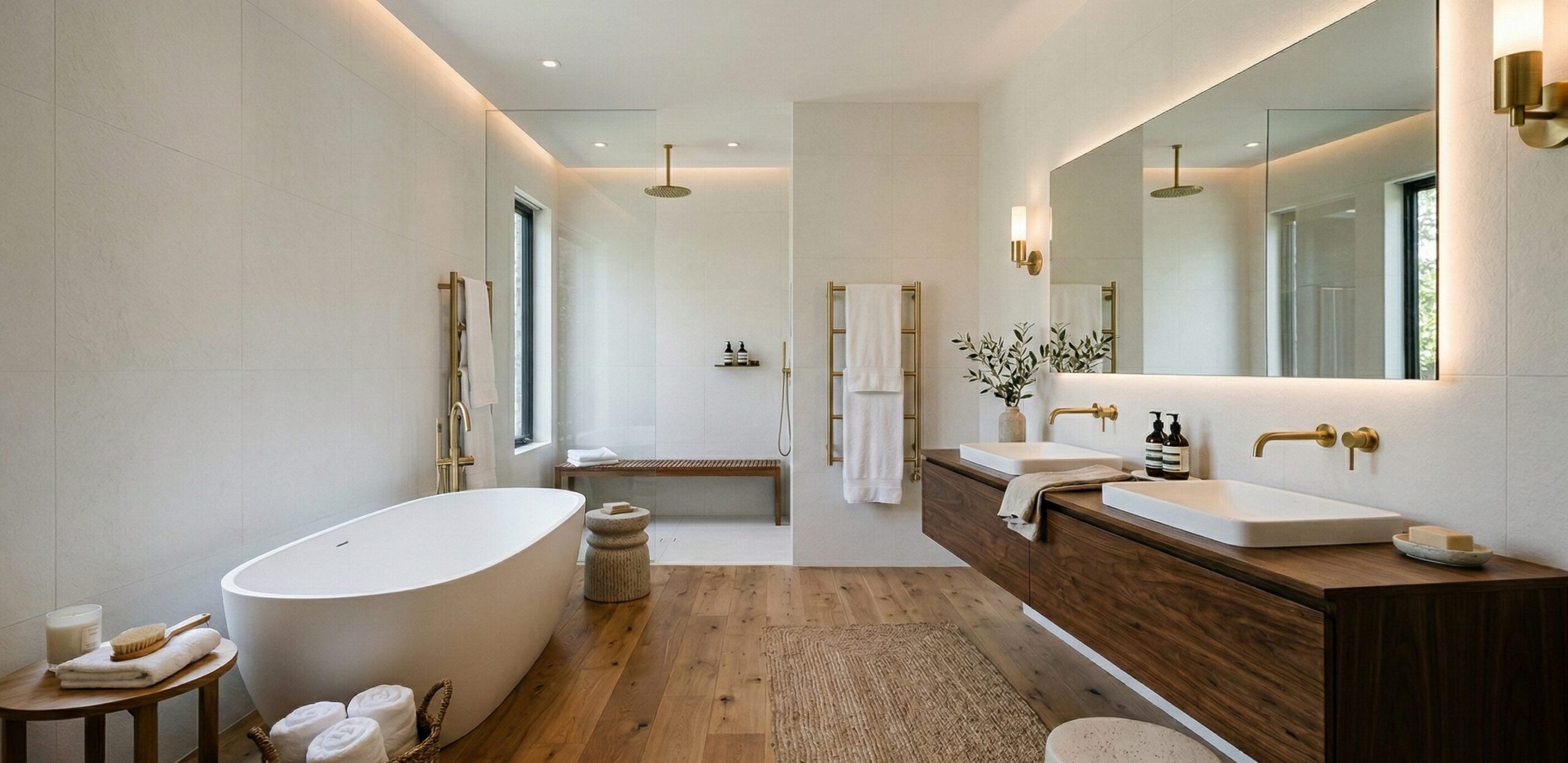 Modern bathroom with a freestanding tub, double wooden vanity, large mirror, gold fixtures, woven rug, wooden floor, and natural light from two windows. Towels, plants, and bath products add decorative touches.