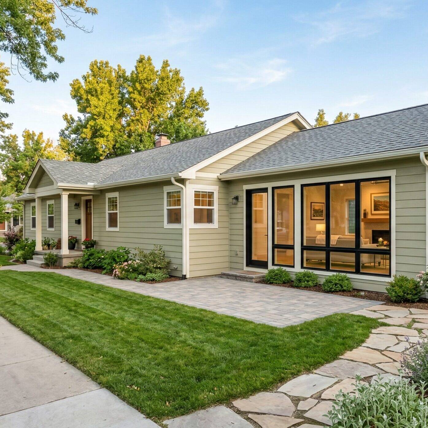 Single-story light green house with large windows, well-kept lawn, stone walkway, and surrounding trees and shrubs on a suburban street in the early evening.