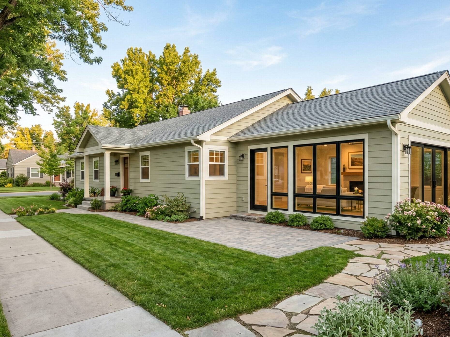 Single-story light green house with large windows, well-kept lawn, stone walkway, and surrounding trees and shrubs on a suburban street in the early evening.